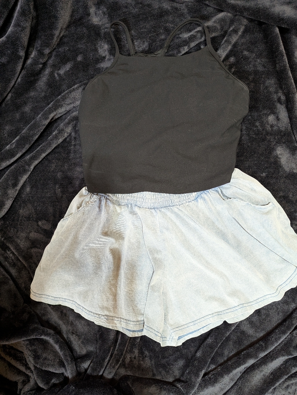 eesome Light Blue Denim-Look Women’s Jean Shorts Paired With Old Navy Active Top